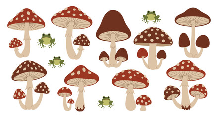 A delightful collection of red and white spotted mushrooms alongside charming green frogs.