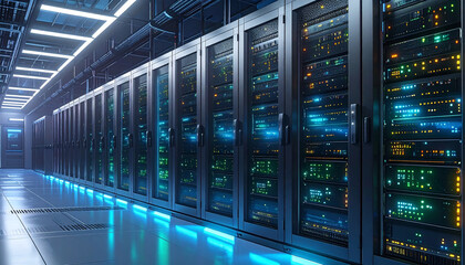 Data Center's Digital Domain: High-tech, server equipment thrives in a futuristic, data center hall, representing the backbone of contemporary digital innovation, conveying efficiency, connectivity.