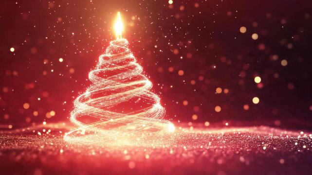 Glowing christmas tree made of sparkling lights and particles on a dark red background with bokeh effect 4k video