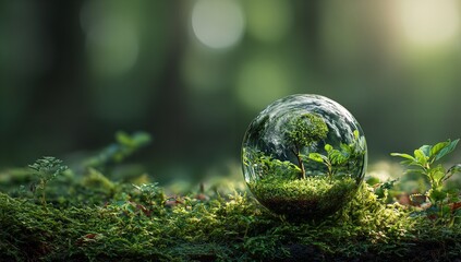 Green planet earth with plants growing on mossy forest ground in morning light, eco-friendly concept for World Environment Day and sustainability design with copy space