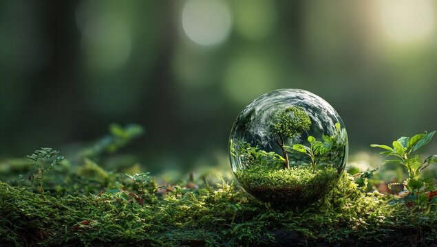 Green planet earth with plants growing on mossy forest ground in morning light, eco-friendly concept for World Environment Day and sustainability design with copy space
