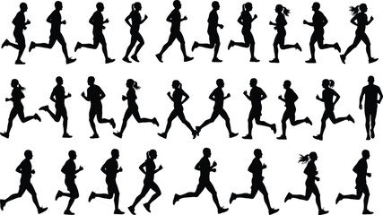 Running silhouette sequence, athlete motion study, sports biomechanics, dynamic stride cycle, human movement analysis, fitness training, animation reference, sprint posture