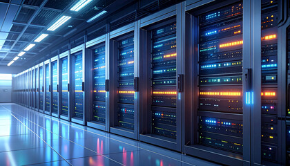 Data Center Hallway: An expansive view inside a futuristic data center, with rows of servers humming with activity, their blinking lights reflecting off the sleek, modern surfaces.