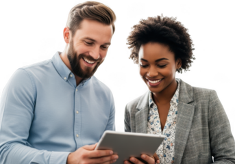 Smiling business colleagues looking at tablet isolated on transparent background