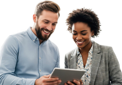 Smiling business colleagues looking at tablet isolated on transparent background