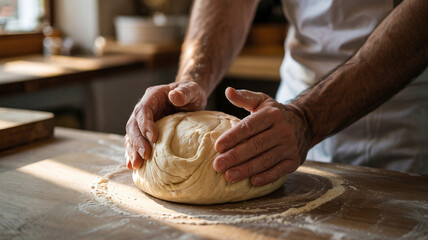 A baker kneads dough