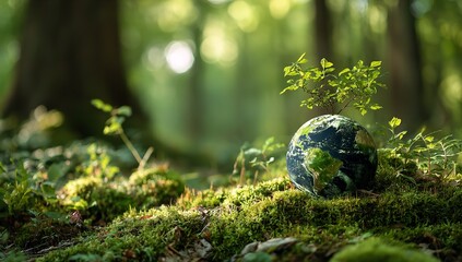Green planet earth with plants growing on mossy forest ground in morning light, eco-friendly concept for World Environment Day and sustainability design with copy space