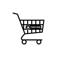 Simple black and white shopping cart icon with shop now text