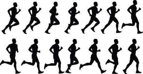 Running silhouette sequence, athletic motion study, sports biomechanics, human movement frames, dynamic runner pose, black white contrast, fitness animation reference