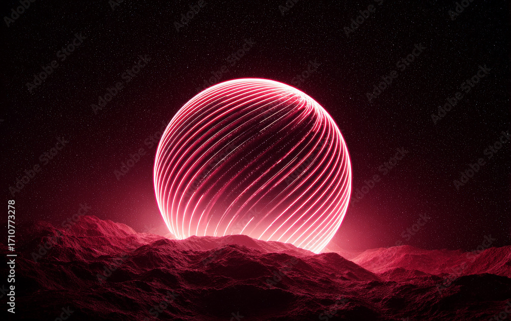 Poster a glowing spherical object with striped patterns in a dark environment
