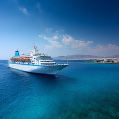Naklejka premium Cruise ship on a clear blue sea: A large, luxurious cruise ship cuts through the crystal-clear turquoise waters of the open ocean under a vibrant, cloud-dotted sky, embarking on a journey.