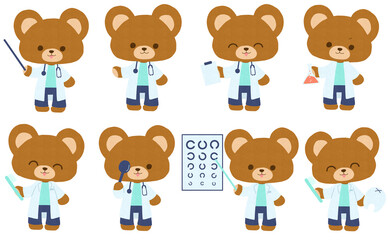 白衣を着たクマのセットイラスト
