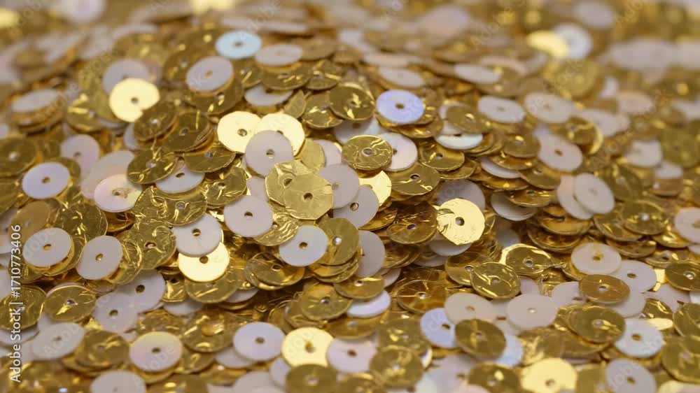 Aufkleber gold and white sequins pile - a close-up shot of a pile of gold and white sequins. the sequins are r
