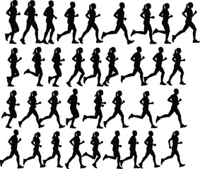 Running silhouette sequence, human gait cycle animation, biomechanics motion study, athletic movement frames, sports training analysis, digital media reference