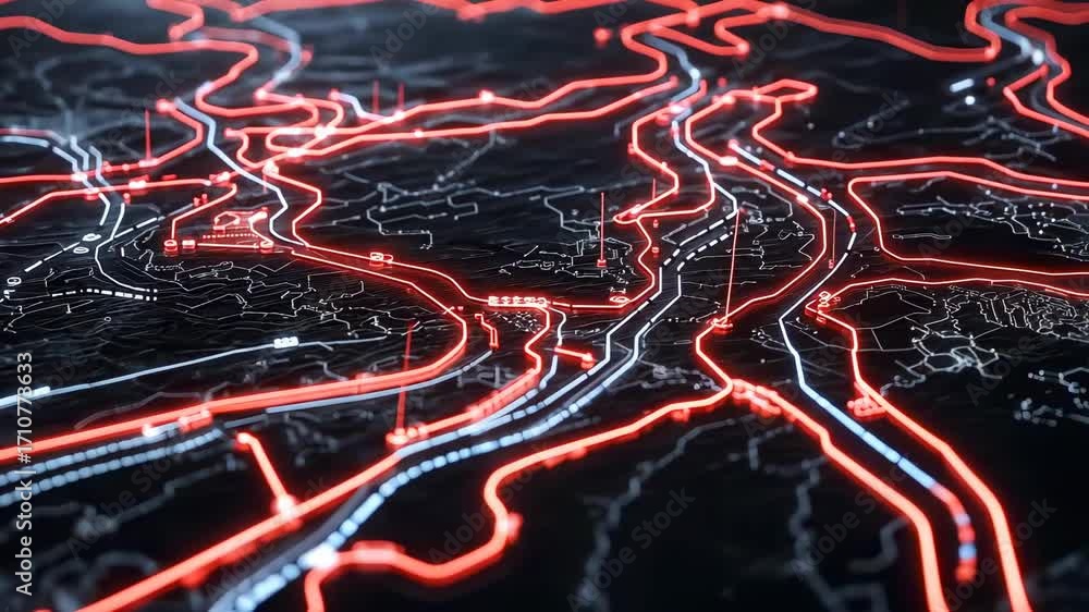 Poster abstract neon light map representation with intricate pathways and patterns