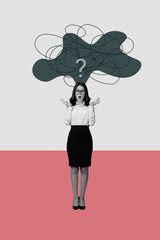 Composite sketch image design trend artwork collage of wow amazed face young woman stand shocked face think cloud brainstorming question