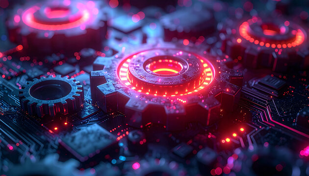 Neon Circuitry: A macro shot captures the intricate, glowing network of a circuit board with gears, showcasing the beauty of technology and innovation. 