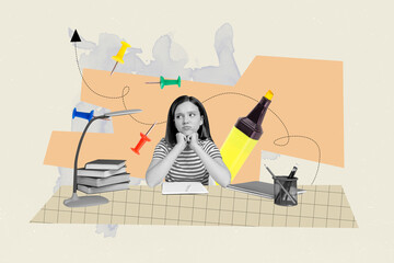 Creative 3D photo collage trend artwork template of school age young girl sit homework book marker lamp fall back school classroom courses