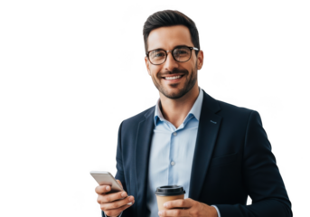 Smiling businessman holding phone and coffee cup isolated on transparent background