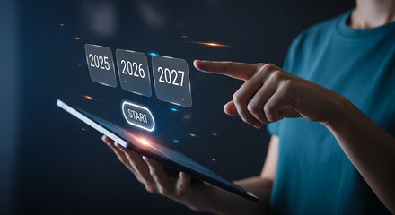 Future Innovation Navigating Technology with Digital 2027 on Tablet with Touchscreen Smart Investment Growth Tech