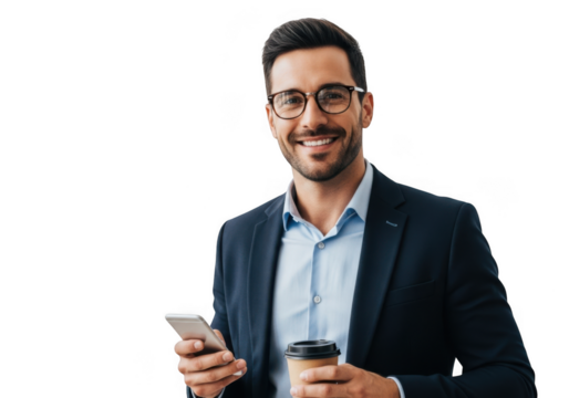 Smiling businessman holding phone and coffee cup isolated on transparent background