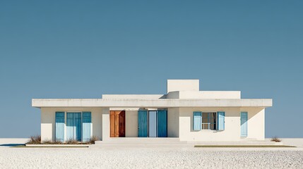 A white minimalist house with colorful doors and shutters under a clear blue sky in a desert landscape