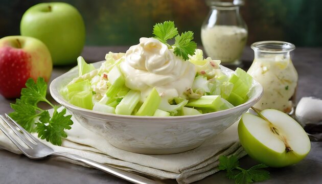 Waldorf salad of apples, celery stalks, walnuts, grapes, lettuce in a white salad with ingredients on an old rustic white wooden table. Selected focus. - Powered by Adobe