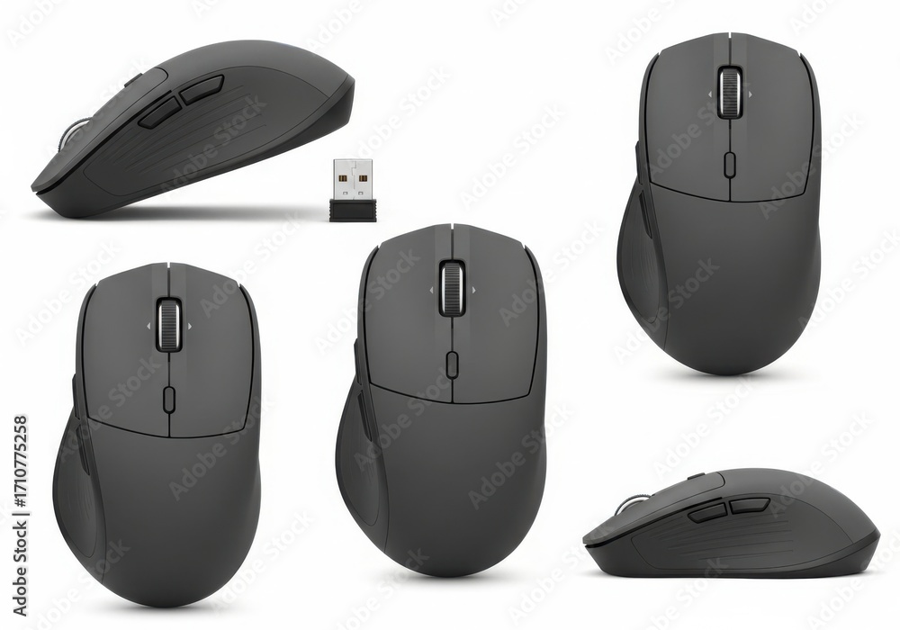 Fototapete a set of five different views of a modern wireless computer mouse on a plain white background