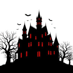 Eerie victorian mansion silhouette with glowing red windows isolated on transparent background