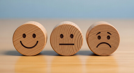 Emotions Expressed Wooden Faces Showing Happiness Neutrality and Sadness for Mental Wellness and Emotional Awareness