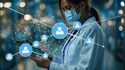 A doctor in mask using tablet, connecting with patients via network in hospital. - Powered by Adobe