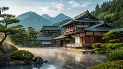 A serene japanese temple complex nestled amidst lush greenery, with mist rising from the pond, creating a tranquil and picturesque scene