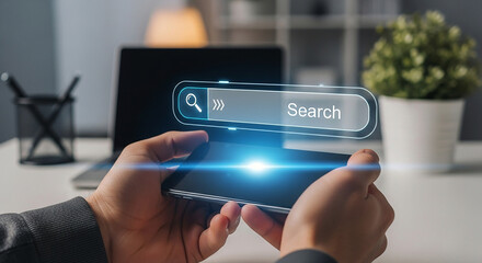 Mobile Search Hands Holding Smartphone with Glowing Search Bar Online Exploration App Navigation Digital Lifestyle