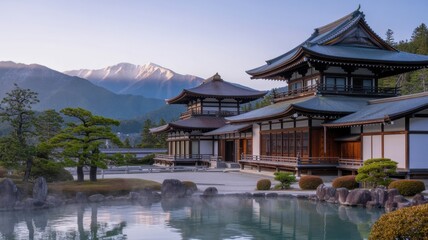 Traditional japanese architecture stands majestically against a backdrop of mountains and a serene pond, capturing the essence of culture