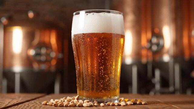 Cold Beer in Brewery Setting - A refreshing glass of golden beer with condensation sits on a wooden table in front of a blurred background of copper brewery tanks.