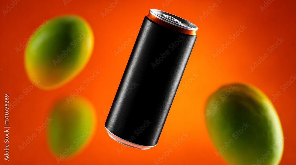 Aufkleber black can of soda is floating above a bunch of green fruit. the fruit is arranged in a way that make