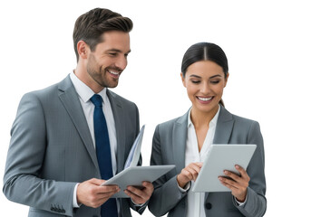 Two smiling business professionals looking at documents and tablet isolated on transparent background