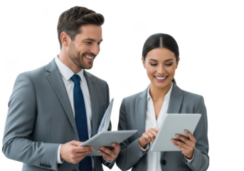 Two smiling business professionals looking at documents and tablet isolated on transparent background
