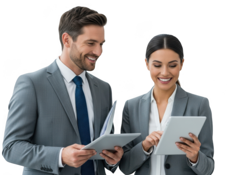 Two smiling business professionals looking at documents and tablet isolated on transparent background - Powered by Adobe