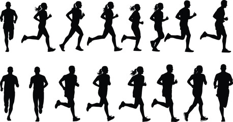 Running silhouettes, athletic motion, human biomechanics, sports movement, dynamic posture, fitness concept, animation reference, exercise form, training, physical activity, sprinting