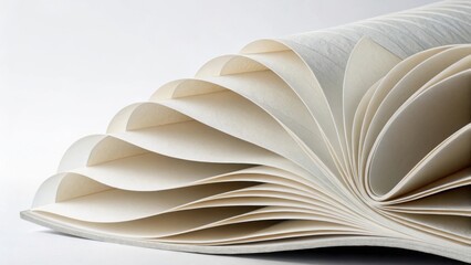 Open book with fanned pages showing textured paper and subtle color variations abstract perspective.