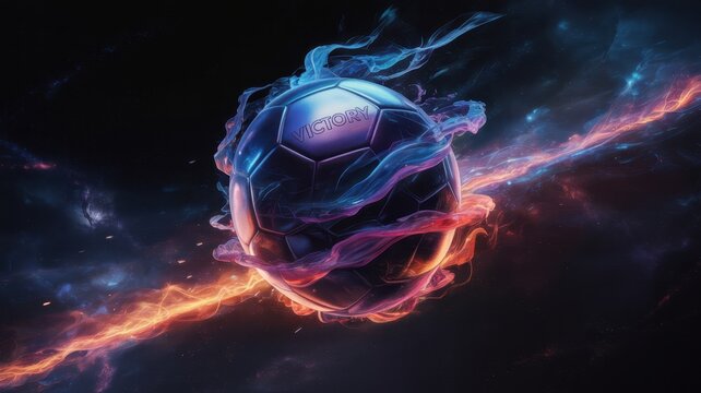 A soccer ball engulfed in cosmic energy, surrounded by swirling nebulae and fiery trails, symbolizing the passion and intensity of the game