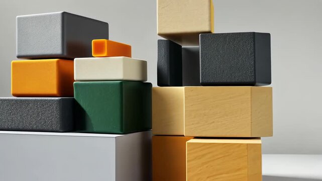Colorful geometric blocks arranged in a modern minimalist design