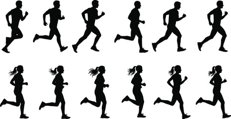 Running silhouettes, male and female runners, athletic motion, biomechanics, stride phases, sports training, human movement, fitness, jogging, animation reference