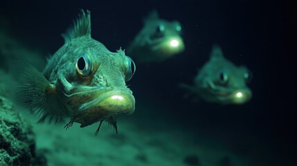 Fototapeta premium Mysterious Deep Sea Creatures: Biolluminescent Fish in Dark Ocean Depths