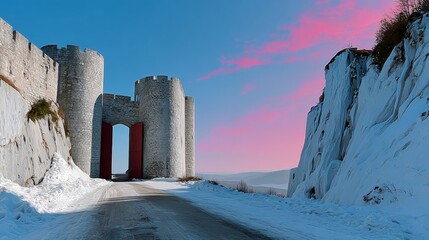 Road with a castle in the background and a red gate. The sky is pink and the castle is made of stone