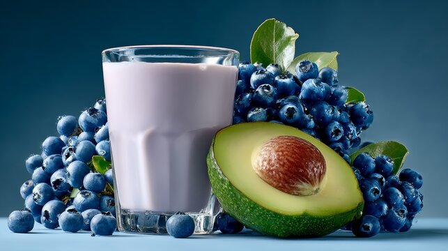 Glass of milk and a green avocado sit on a table with blue grapes. Concept of freshness and health, as the fruits and vegetables are all natural and nutritious