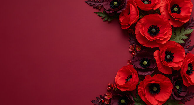 Elegant Red and Burgundy Poppies on Deep Maroon Background:  Floral Border Design, Remembrance Day,  Wedding Invitation,  Greeting Card Template. - Powered by Adobe