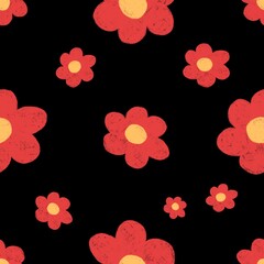 A lovely red floral pattern with a yellow center on a black background, hand drawn with crayon or chalk. Perfect for fabric, packaging, wallpaper, and other creative projects.
