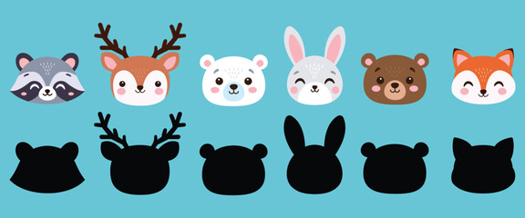 A set of cute forest animals and their shadows. Isolated background. Hand-drawn vector illustration
